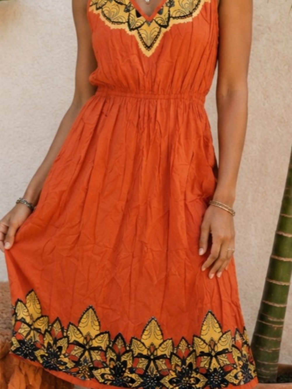 Angie Orange Boho Dress with Yellow & Black Trim